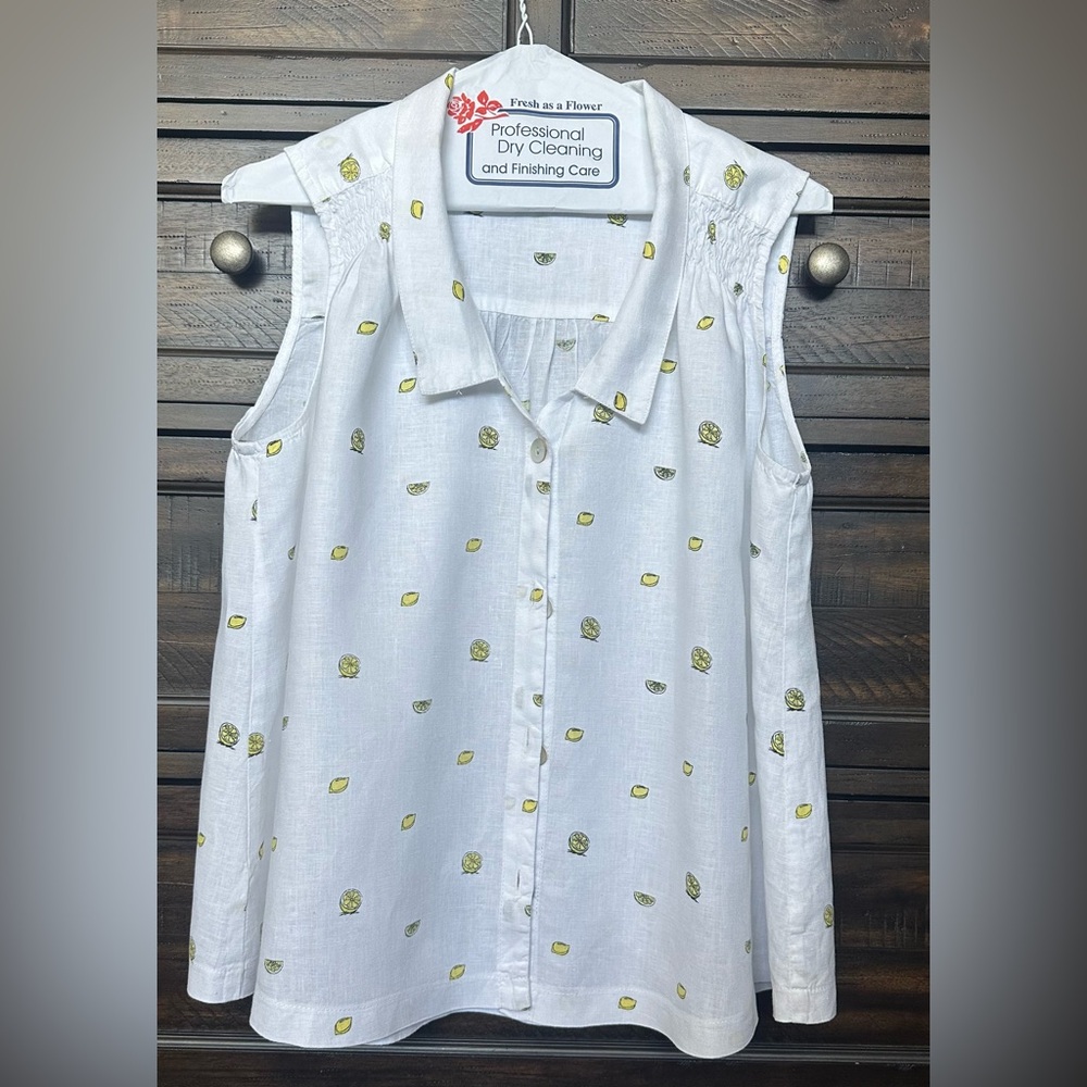 Athena Marie 100% Linen White Lemon Printed Sleeveless Button-Down Blouse Size L